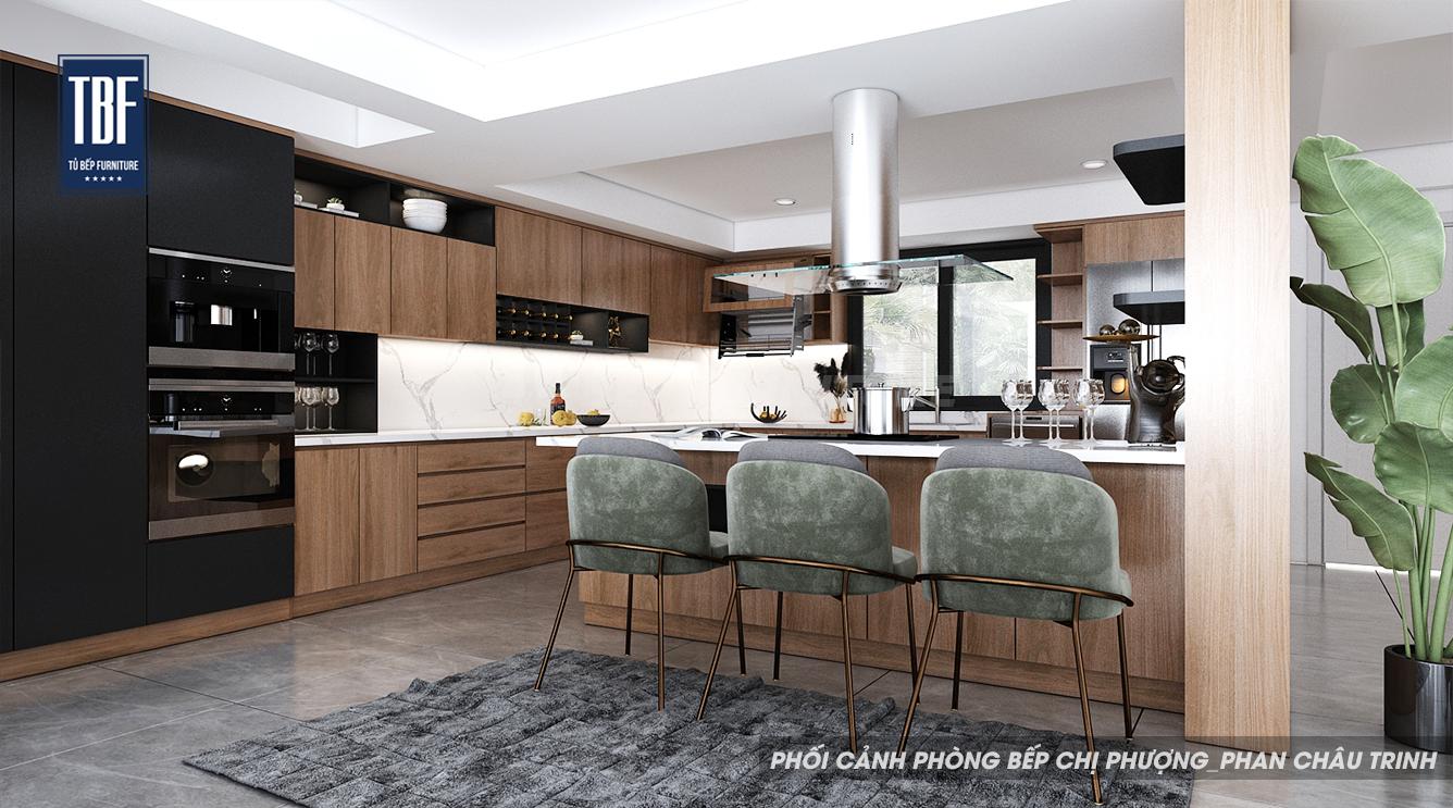 Tủ bếp vân gỗ kính ốp vàng, đảo bếp mặt đá trắng có ghế bar