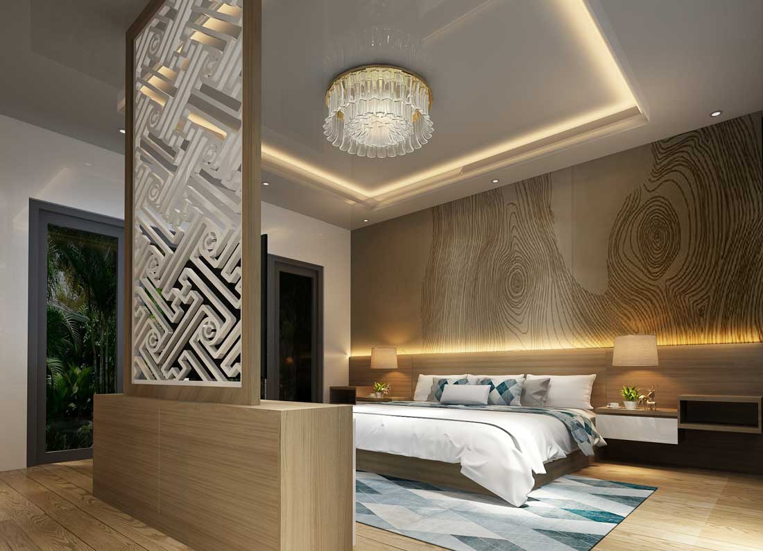 Phòng ngủ có vách đầu giường hoa văn gỗ, đèn hắt trần và đèn ngủ hai bên