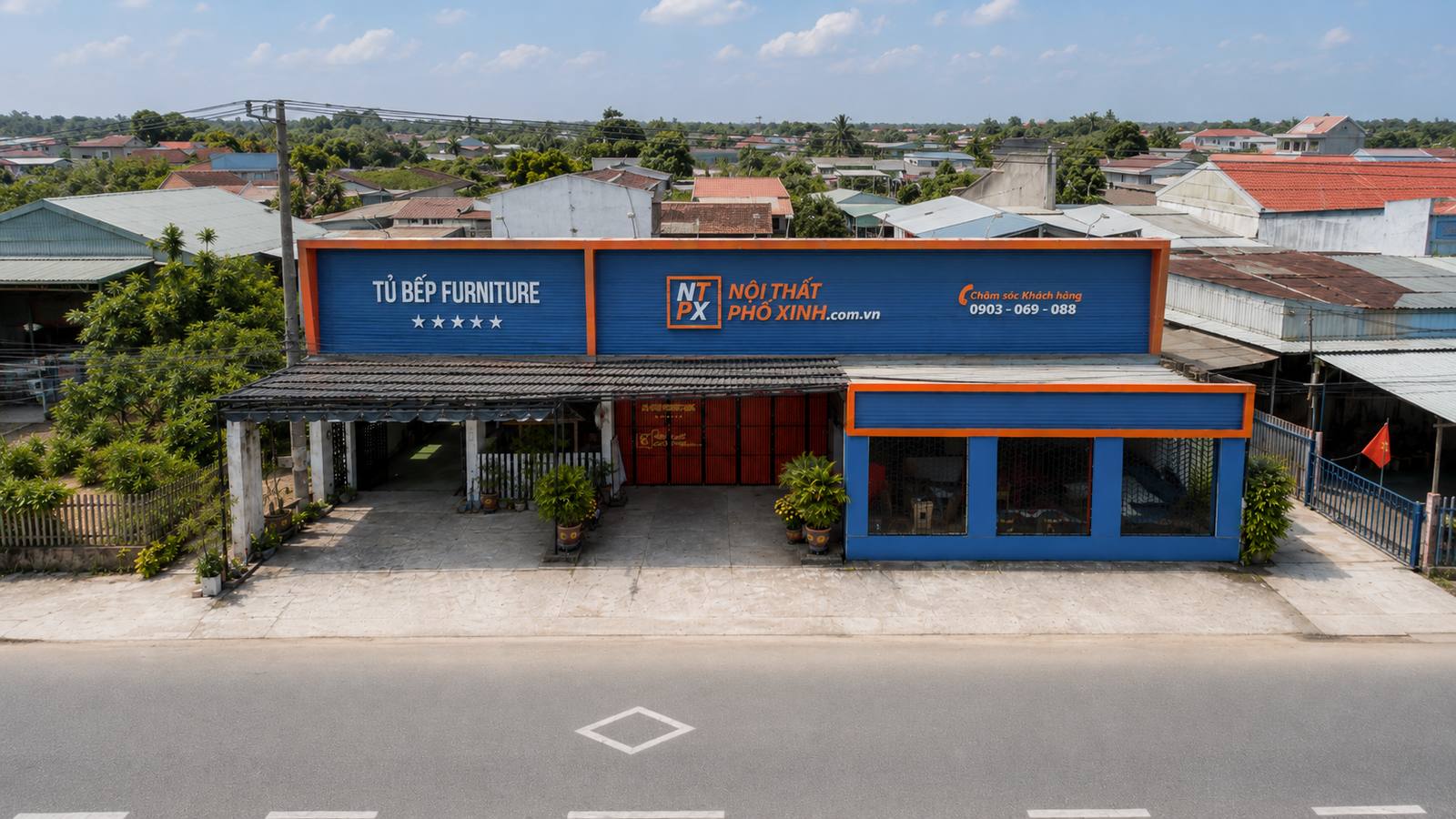 Showroom Tủ Bếp Furniture – TBF nhìn từ trên cao, QL1A Xuân Phú