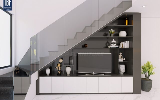 Tủ âm cầu thang kết hợp kệ tivi, kệ trang trí và tủ cánh trắng – TBF thiết kế